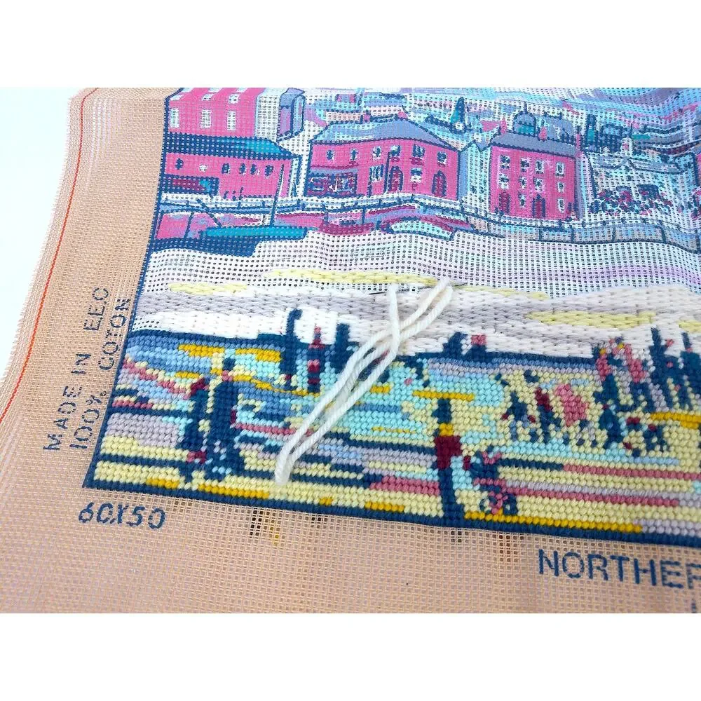 Vintage DMC Needlepoint Northern River Scene LS Lowry WITH Yarn